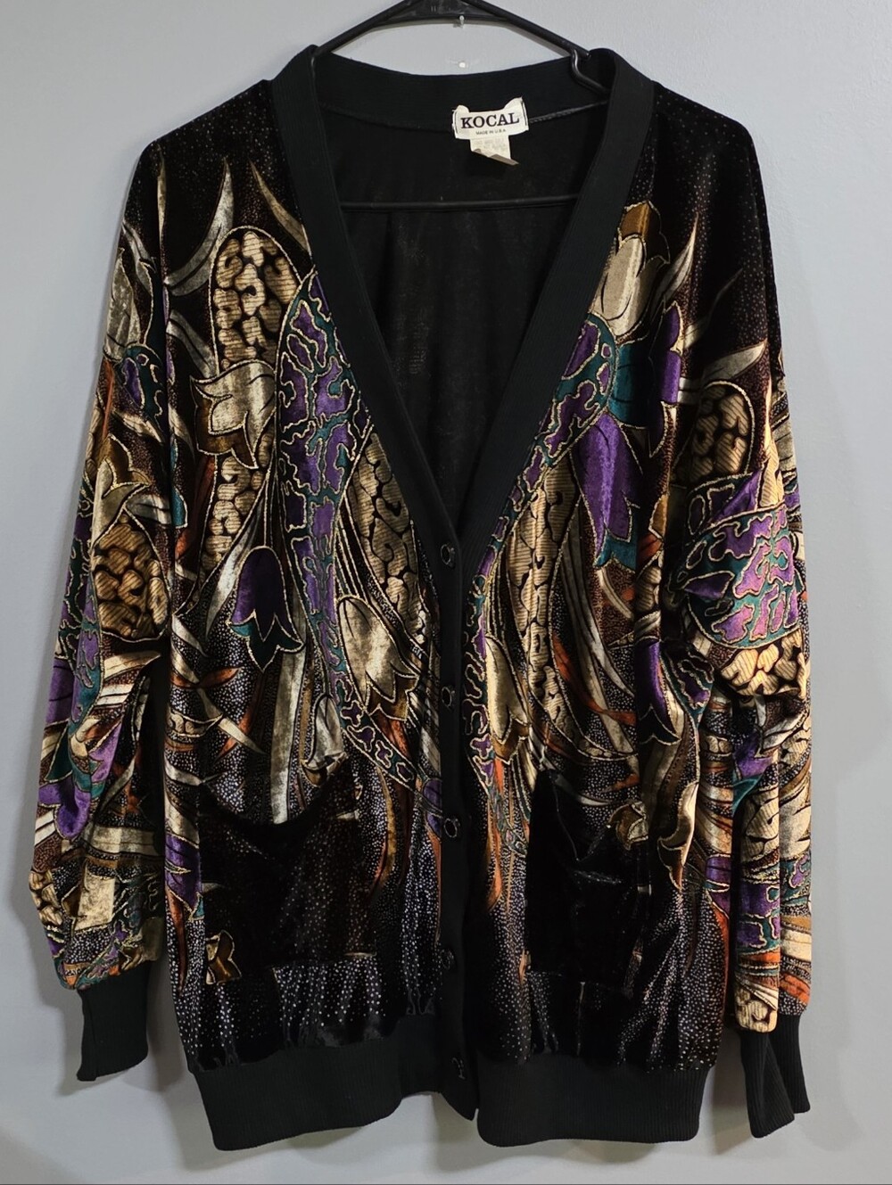 Multicolor Velvet-Print Cardigan - Purple & Gold Accents